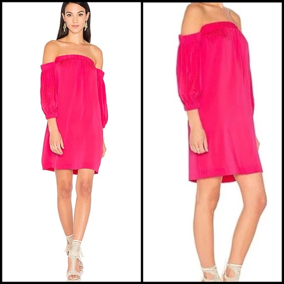 Milly Silk Off Shoulder Elastic Neckline in Fluo Pink Mini Coquette Dress Sz 2P - Picture 1 of 12